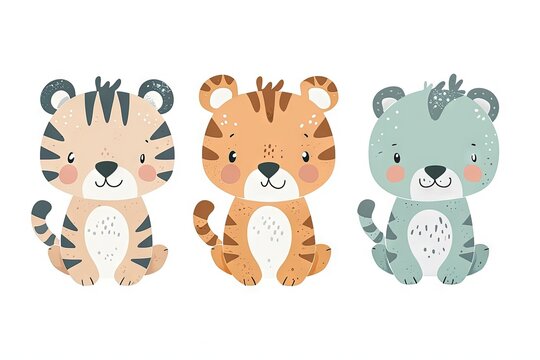 Very childish watercolor vintage cartoon cute and charming kawaii tiger clipart vector, organic forms with desaturated light and airy pastel color palette. Great as nursery art.