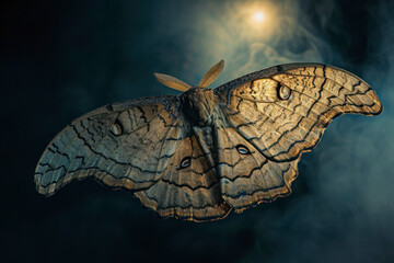 Nocturnal moth encounter, a captivating image featuring a moth illuminated by moonlight or...