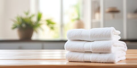 Fototapeta na wymiar White towel pile on wooden bathroom table with room