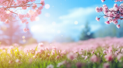 Blossoming branch of a cherry tree with pink flowers on a background of the spring landscape