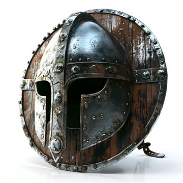Viking helmet and a shield isolated on white background, png
