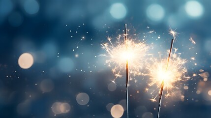 two burning sparklers in snow, party together concept banner background with copy space for happy new year or merry christmas or other festive holiday events - obrazy, fototapety, plakaty