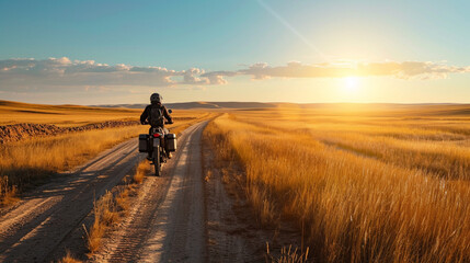 motorcycle trip at sunset, steppe trip, sun and dry grass, freedom - obrazy, fototapety, plakaty