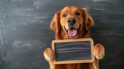 Golden Retriever dog with blackboard, blank sign