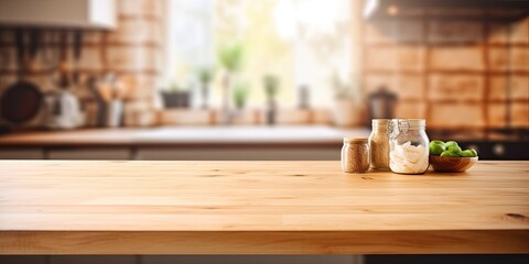 Product display and design on blurred kitchen background with cozy wooden table and countertop.