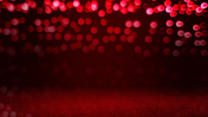 red cement floor with red light circles bokeh used for Christmas or Valentines day festive background. red sparkle glitter abstract background. gradient red background with bokeh flowing. - obrazy, fototapety, plakaty
