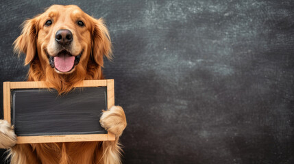 Golden Retriever dog with blackboard, blank sign