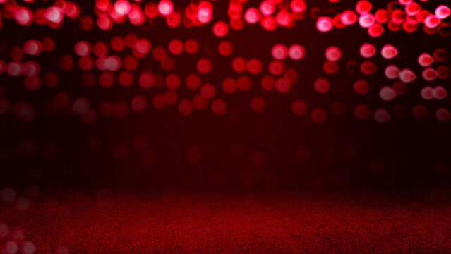 red cement floor with red light circles bokeh used for Christmas or Valentines day festive background. red sparkle glitter abstract background. gradient red background with bokeh flowing.