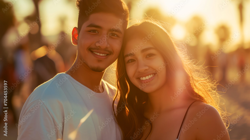 Wall mural portrait of a young asian couple on the beach at sunset