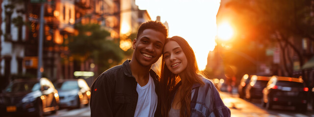 Fototapeta premium Portrait of a young mixed race couple in the city at sunset.