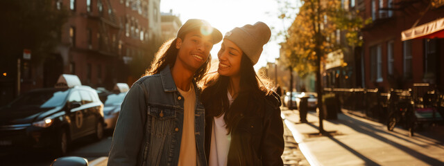 Portrait of a young mixed race couple in the city at sunset. - Powered by Adobe