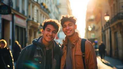 Two young men walking in the city at sunset.
