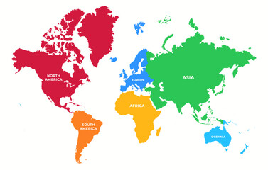 Stylized world map with continents. World map in different colors in a simple and modern style.