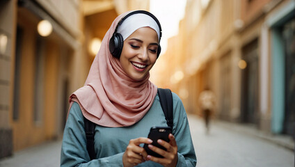 Joyful young muslim woman in hijab listening to music through headphones connected to cell phone while walking around the city center. - obrazy, fototapety, plakaty