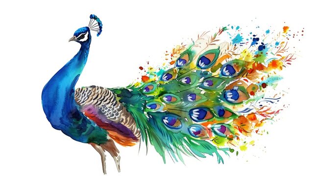 rainbow peacock clipart, cartoon illustration, on white background