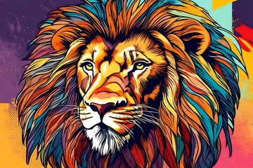 Abstract, colorful, neon portrait of a lion head on a black background in pop art style with...