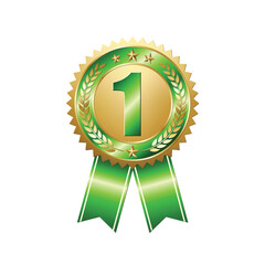 First prize gold medal on isolated white background. Award badge with green ribbon. Champion symbol of victory in competitive games. Vector illustration.