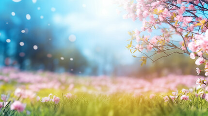 Blossoming branch of a cherry tree with pink flowers on a background of the spring landscape