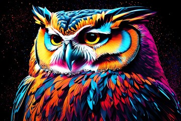 Abstract, colorful, neon portrait of a owl head on a black background in pop art style with...