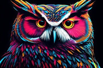 Abstract, colorful, neon portrait of a owl head on a black background in pop art style with...