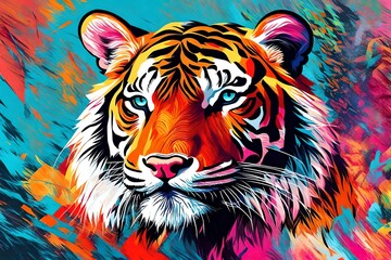 Abstract, colorful, neon portrait of a tiger head on a black background in pop art style with...