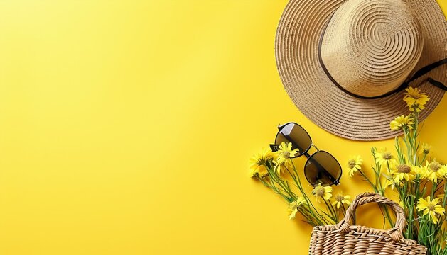 Straw hat, eco-friendly wicker bag, sunglasses, stere branches on yellow background with space for text, Straw hat and beach sunglasses on yellow background with shells and leaves, AI 