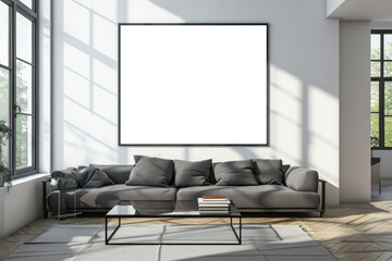 Empty blank frame on a white wall in a minimalist modern living room with a grey sofa, glass coffee table and large windows 