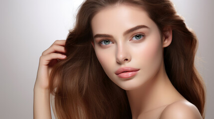 Fototapeta premium Beautiful young woman with healthy skin . Spa, skincare and wellness. advertising. Close up, copyspace. 