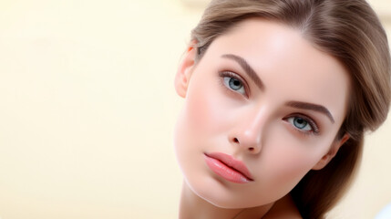 Naklejka premium Beautiful young woman with healthy skin . Spa, skincare and wellness. advertising. Close up, copyspace. 