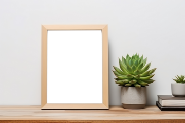 Empty frame mockup .  with a light wood desk against a white wall