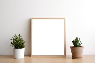 Empty frame mockup .  with a light wood desk against a white wall