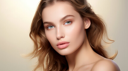 Fototapeta premium Beautiful young woman with healthy skin . Spa, skincare and wellness. advertising. Close up, copyspace. 