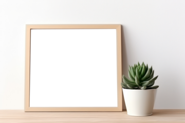 Empty frame mockup .  with a light wood desk against a white wall