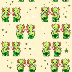 Obraz premium Merry Christmas and Happy New Year seamless pattern with Little dragons in Santa Clause Hat. Vector illustration. Chinese symbol 2024 new year