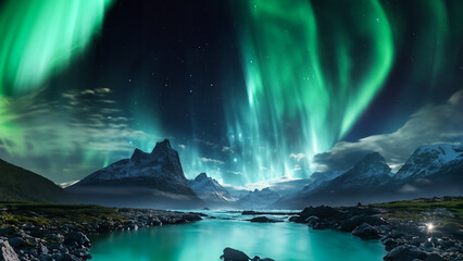 Naklejka premium Fantastic Aurora lights with starry glowing in the night sky at Norway