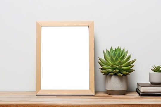 Empty frame mockup .  with a light wood desk against a white wall
