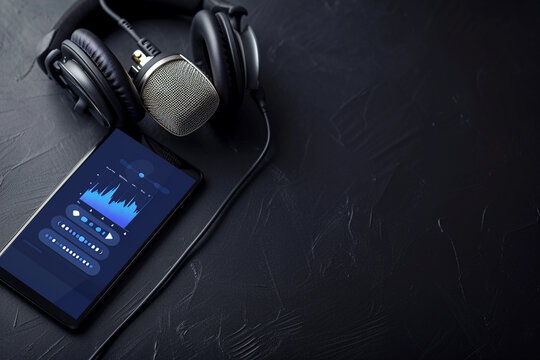 Creating a podcasting background involves elements like a mobile smartphone displaying a podcast application, accompanied by sound headphones. Additionally, a radio microphone capturing audio voices a