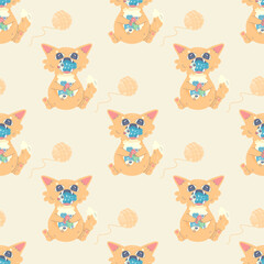 Seamless pattern cat full of fish and sleeping, vector illustration for fabric