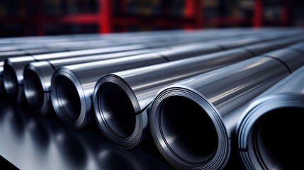  Close up of rolled steel sheets in a factory or warehouse 