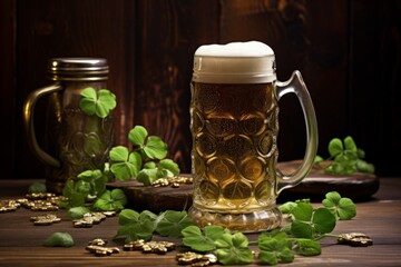 Beer mug surrounded by shamrocks and gold coins. St. Patrick's Day Concept