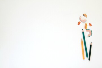 Art, drawing, creativity, learning background, white desk and pencils, space for text, product or design presentation.