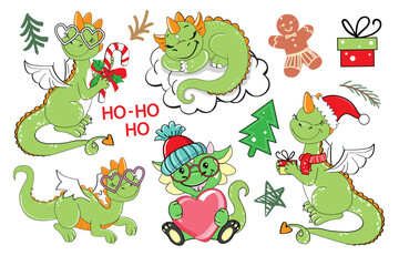 Fototapeta premium Beautiful set with cartoon Christmas dragons and gifts. Vector illustration for the new year. Chinese New Year symbol