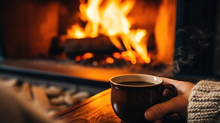 Fototapeta na wymiar Mug of hot tea in cozy living room with fireplace on a chair with blanket