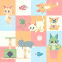 Seamless pattern set of cats , vector illustration for fabric, print, apparel