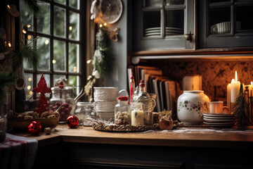 Vintage kitchen interior with christmas decoration. Cozy home.