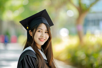 The image captures the celebratory moment of a young, happy Asian woman, dressed in a graduation gown and cap, marking her university achievement. Set in the college campus, this stock photo symbolize