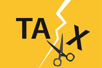 Scissors cutting tax. concept of Business, finance and profit - obrazy, fototapety, plakaty