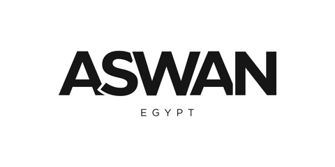 Aswan in the Egypt emblem. The design features a geometric style, vector illustration with bold typography in a modern font. The graphic slogan lettering.