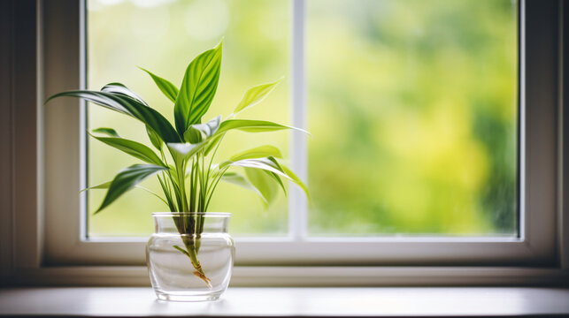 シンプルでナチュラルな白い窓辺にガラスに入れた葉っぱの観葉植物が置かれている写真、窓の外は緑のボケ