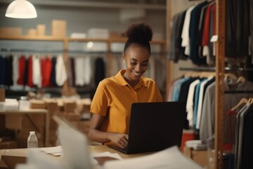 Obraz premium Portrait of young african american woman using laptop in clothing store